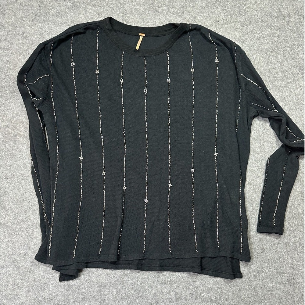 Free People Diamond Night Top Womens M Black Embellished Relaxed Fit Side Slit